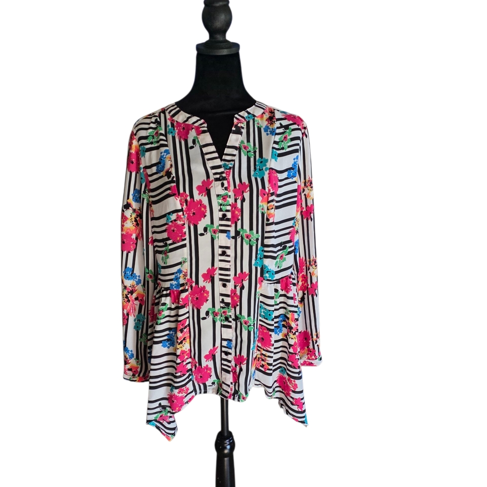 Notations Asymmetrical Pink and White Blouse with Mandarin Collar